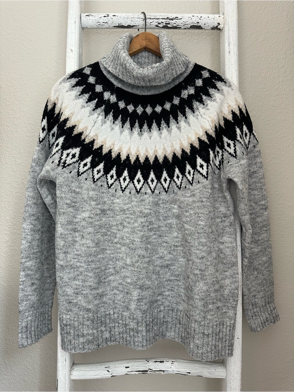 Aspen Fair Isle Gray and Black Wool Blend Turtleneck Sweater